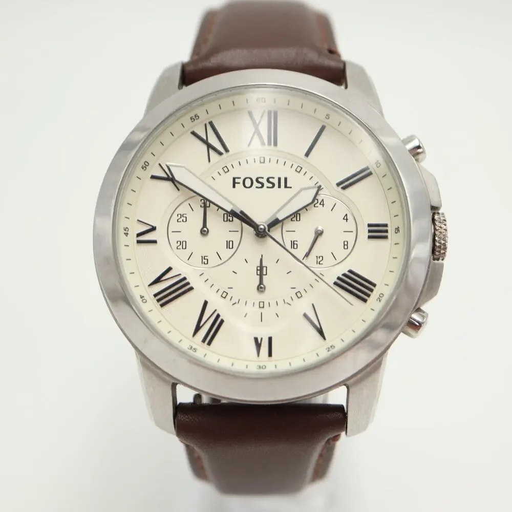 Fossil Grant Beige 44mm Chronograph Watch Brown Leather FS-4735 w New Battery